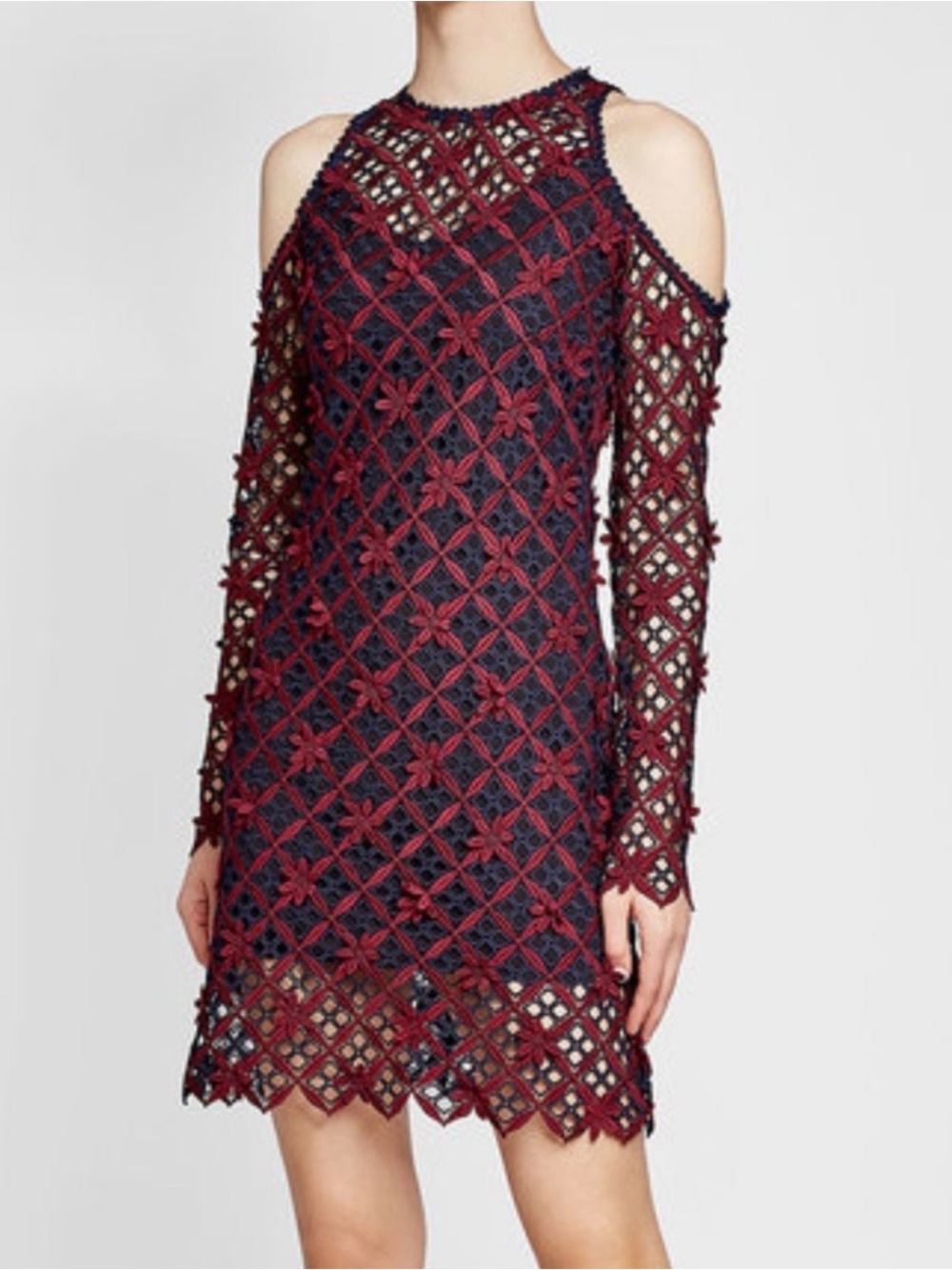 Self-Portrait Burgundy and Navy Cold-Shoulder Lace Midi Dress